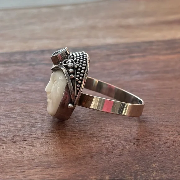 Sterling Silver and Carved White Bone Moon Face Ring Adjustable - Picture 2 of 8